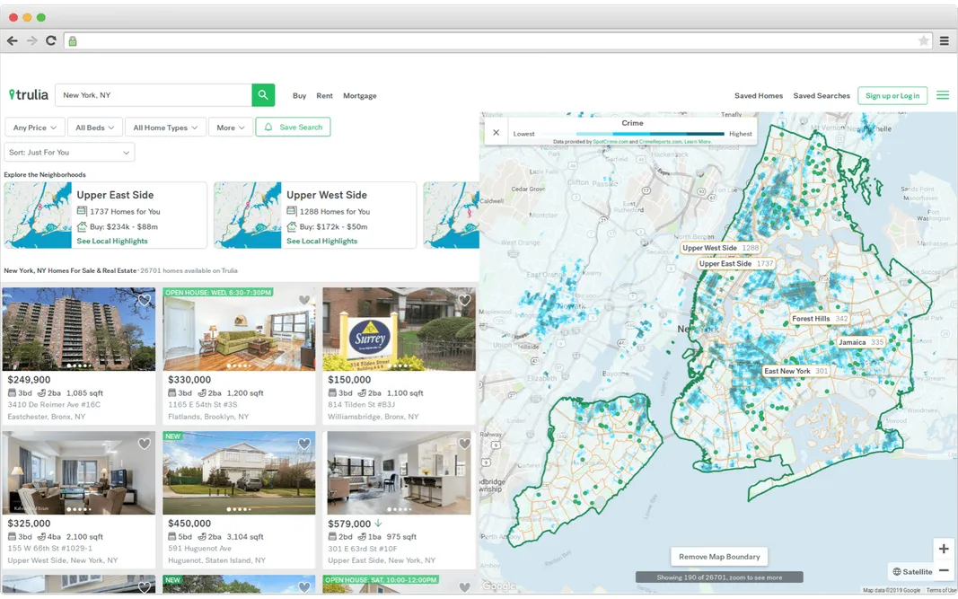 Map overlays interface on one real estate website
