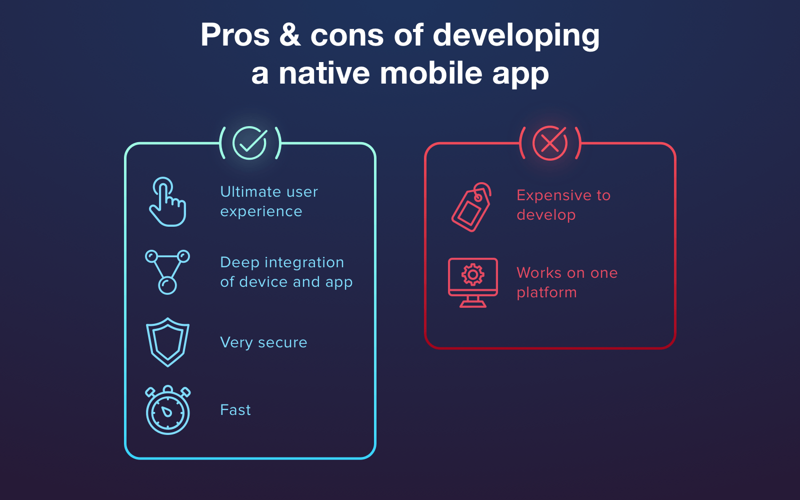 Advantages and disadvantages of native app development approach and mobile app stack for it