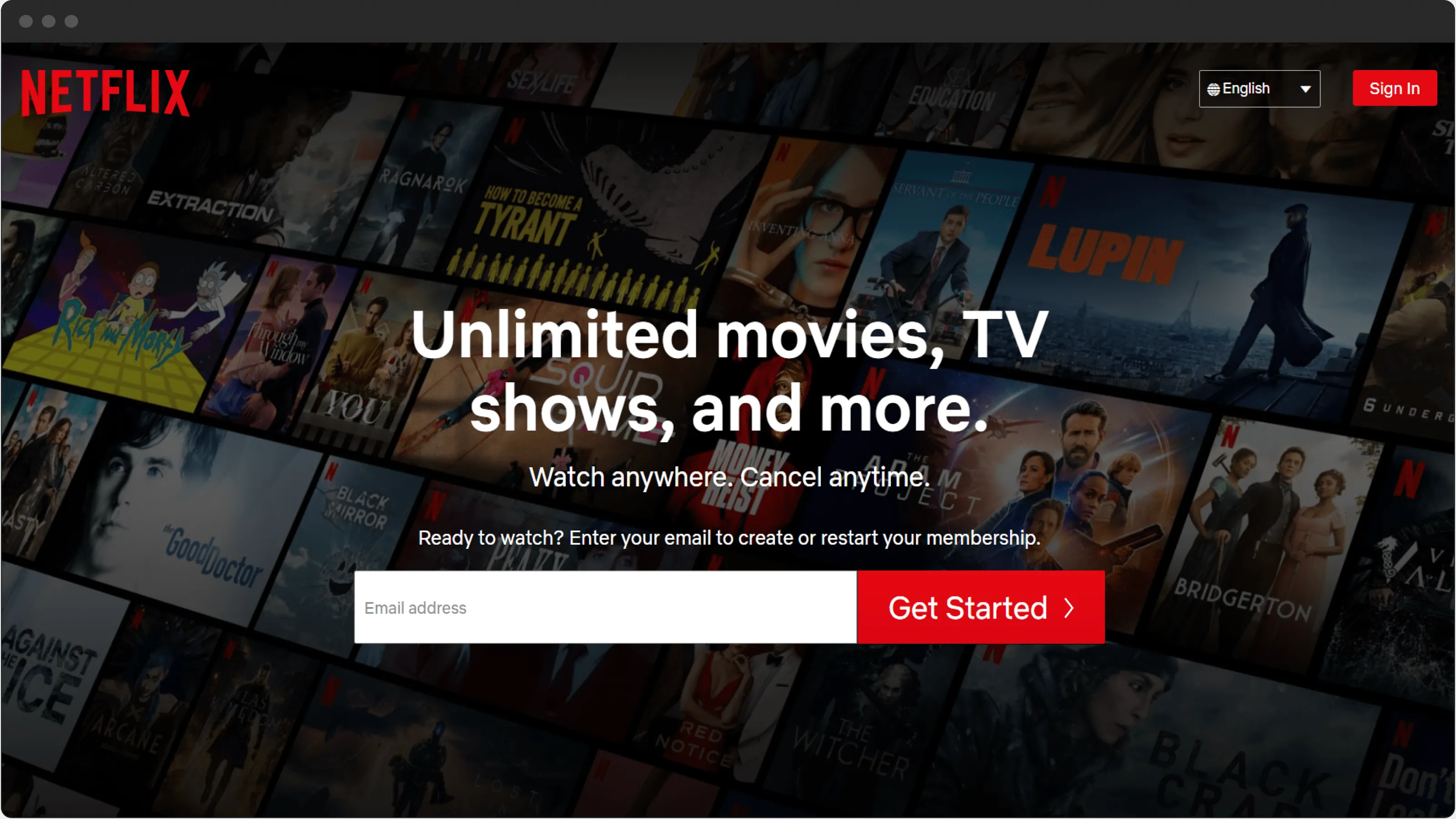 Netflix starting page in the US