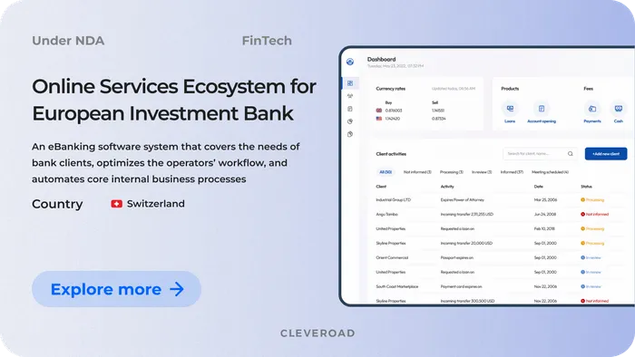 Online services ecosystem for European investment bank software by Cleveroad