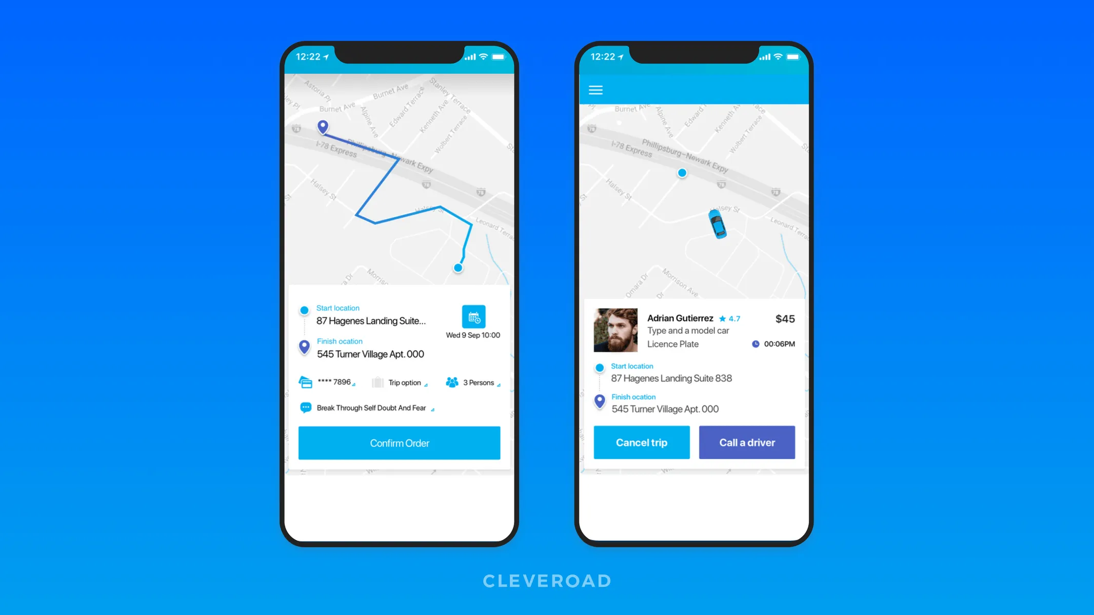 Order and trip screens in MoveUp application