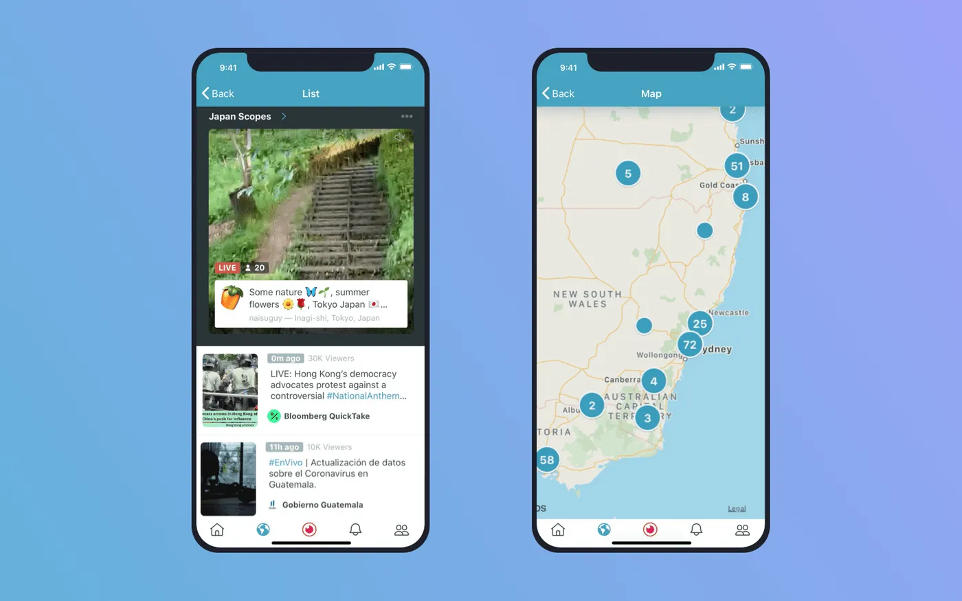 Periscope feed screens using geolocation