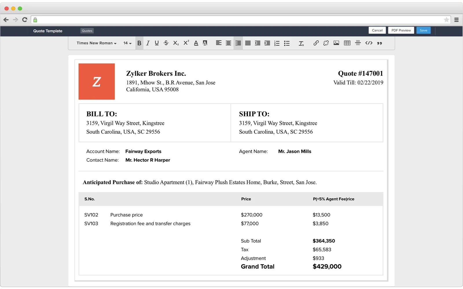Quote interface in Zoho CRM for real estate