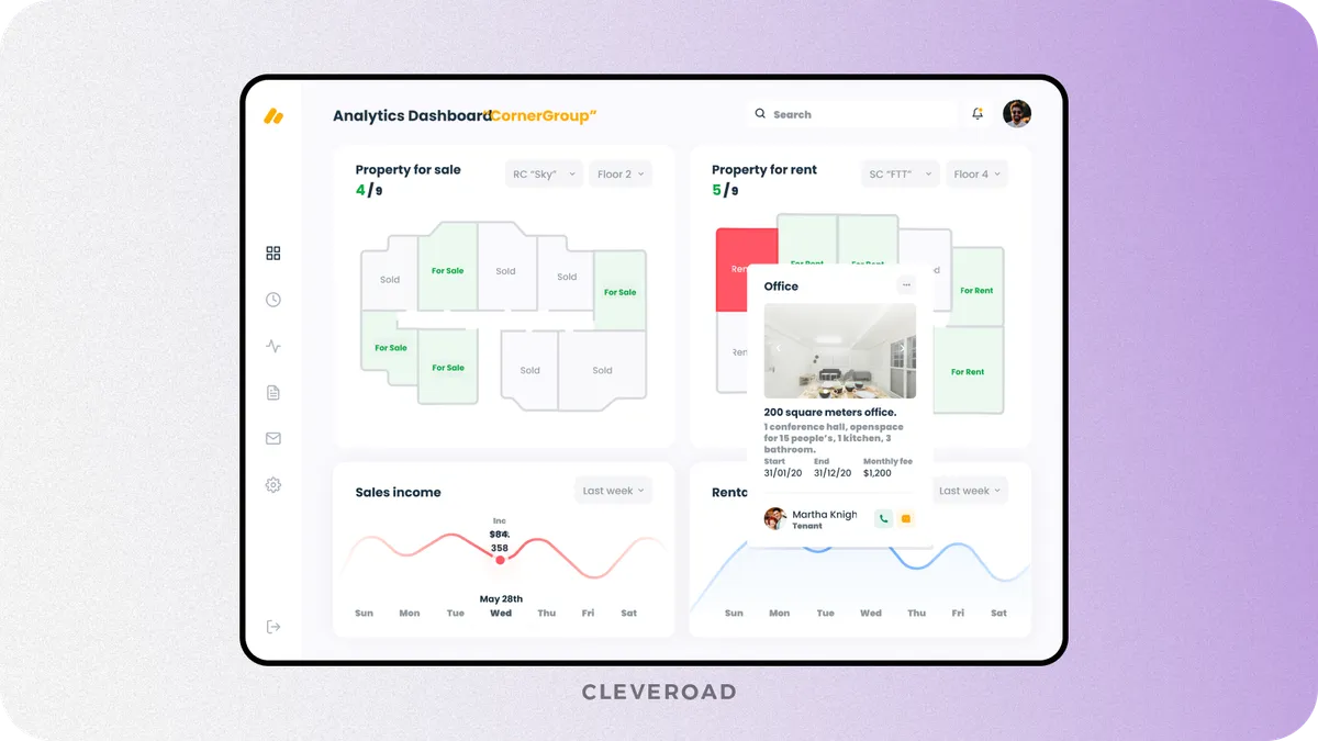 Reporting and analytics module developed by the Cleveroad team as part of ERP development software, showcasing real-time dashboards, performance metrics, and business analytics interface