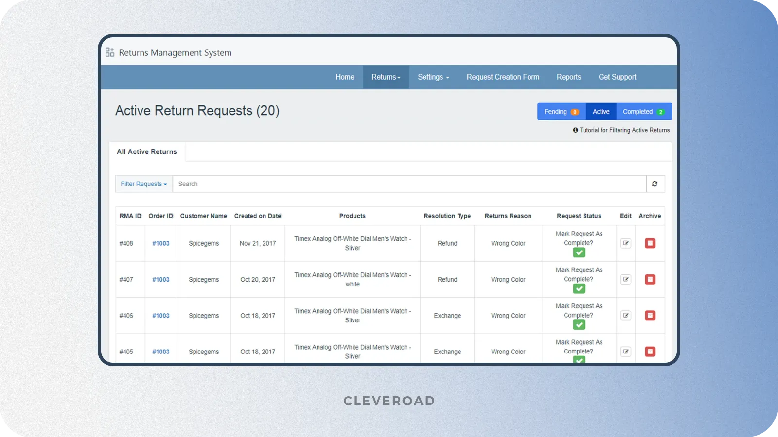 Returns management feature example