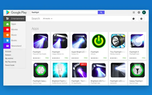 search results of flashlight apps