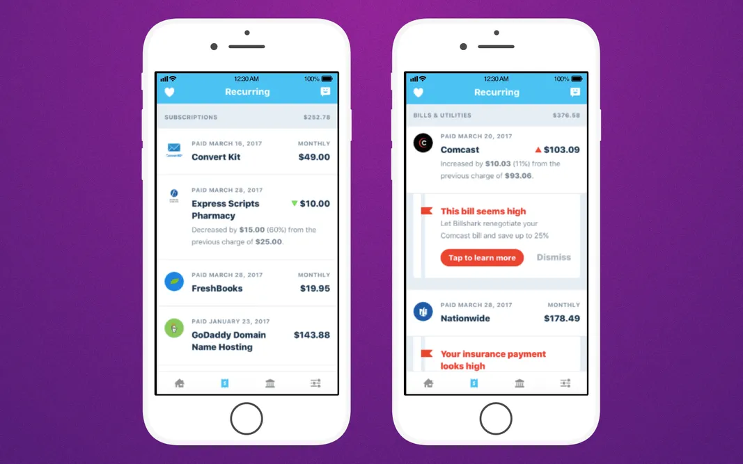 Subscription tracker app interface on live example