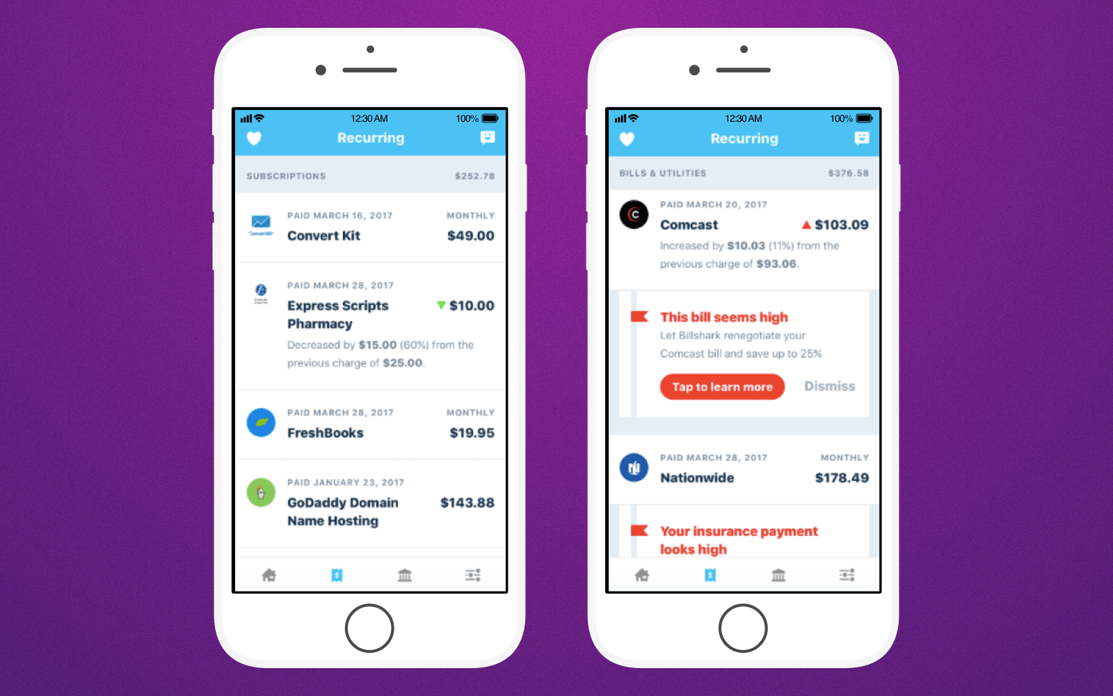 Subscription tracker app interface on live example
