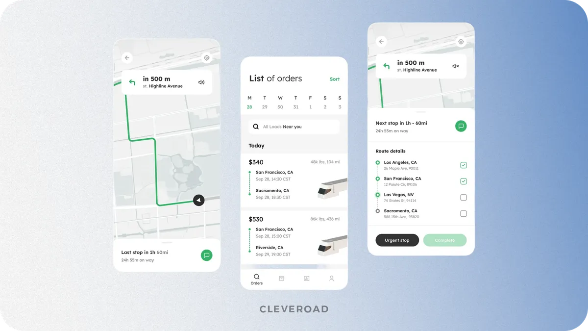 Truck app interface for load discovery and route management from Cleveroad