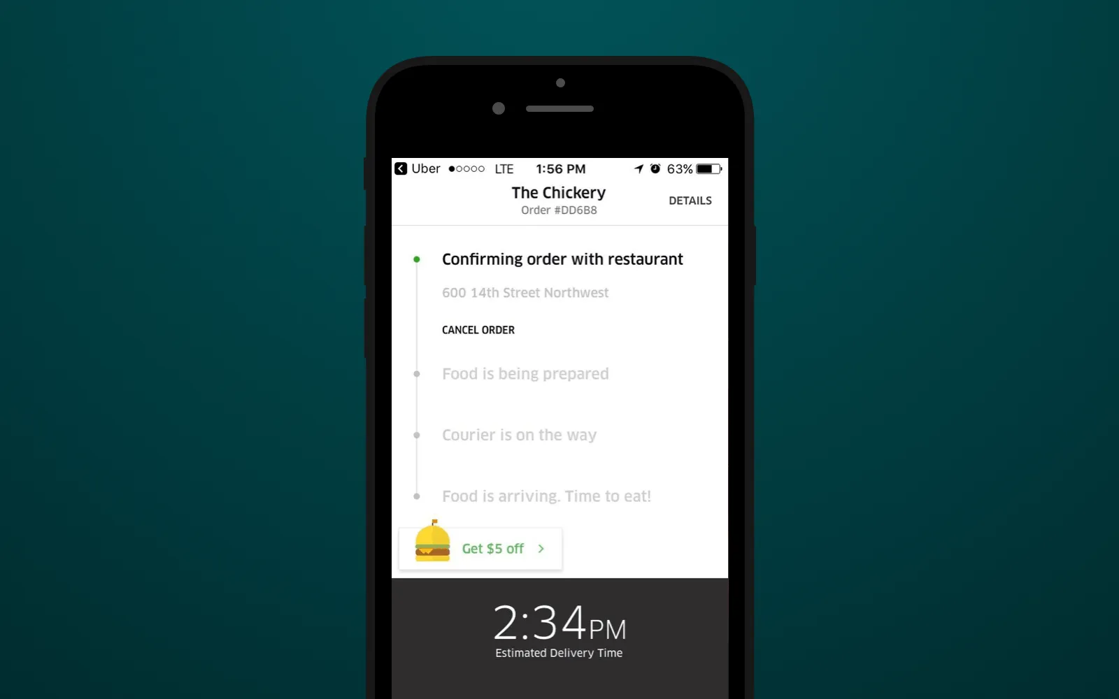 UberEats app shows customers when the order will be delivered