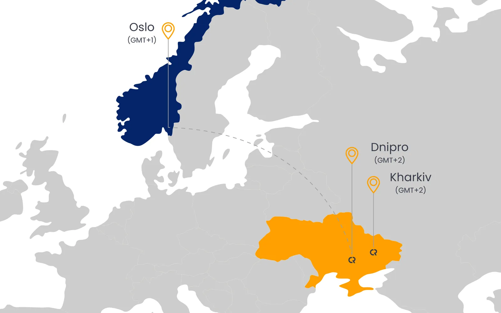 Ukraine and Norway on a world map showing the time difference between countries