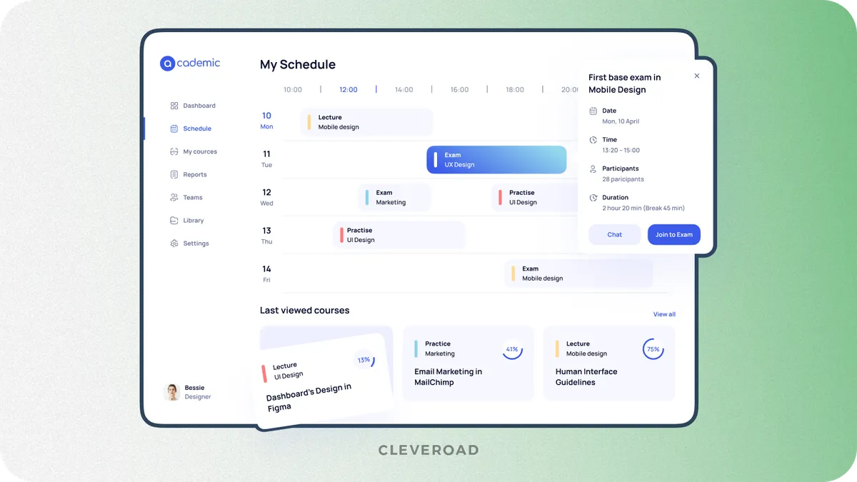 User dashboard interface for learning management system showing course progress analytics