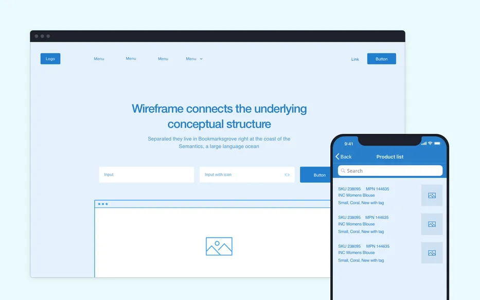 Web and mobile wireframes of the product