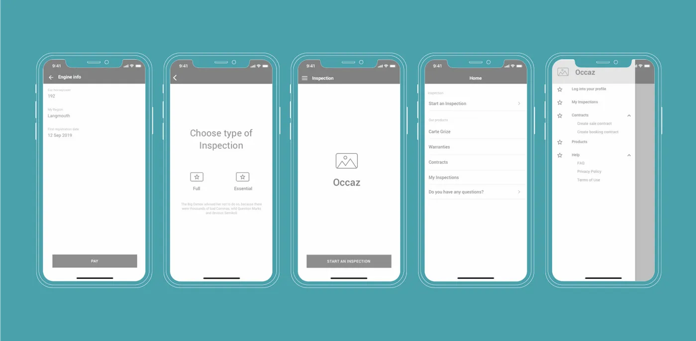 Wireframes for Occaz, a car inspecting app