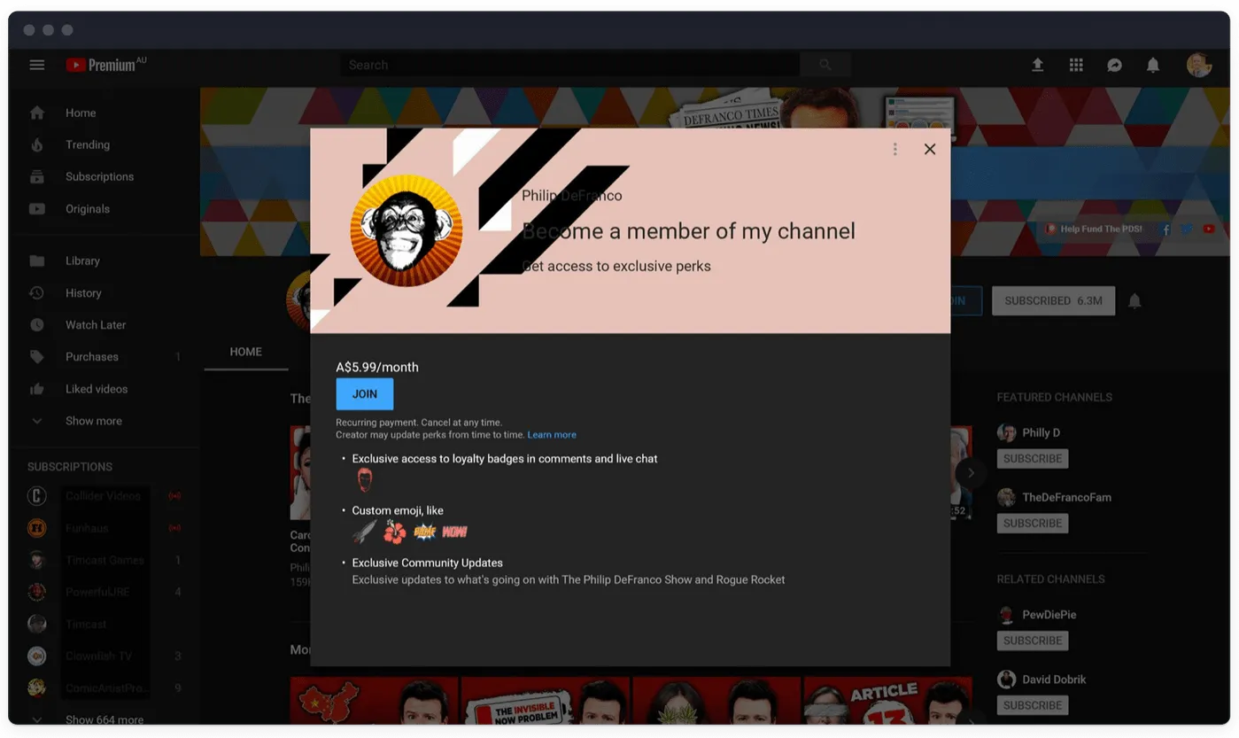 YouTube's paid subscription to creators interface