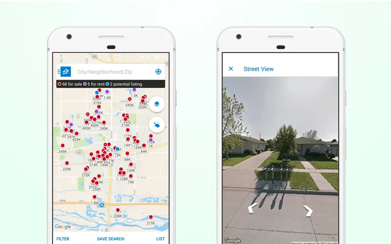 Zillow real estate app: Google Street View